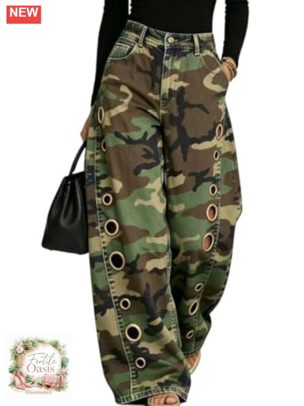 Wide Leg High Waist Metal Ring Cut-Out Barrel Jeans - Picture 1 of 6
